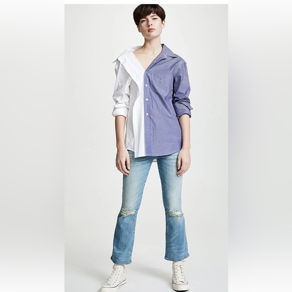 R13 white and blue button down combo shirt open collar - Picture 2 of 8